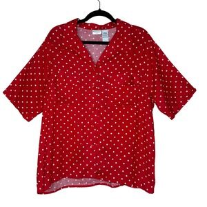 Bentley Y2K Red Polka‎ Dot Button Up Shirt Top Blouse Short Sleeve Women's L